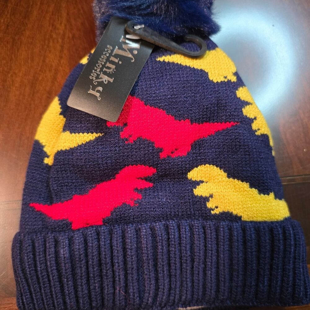 Minky Navy Dinosaur Pom Pom infant Beanie Hat NWT